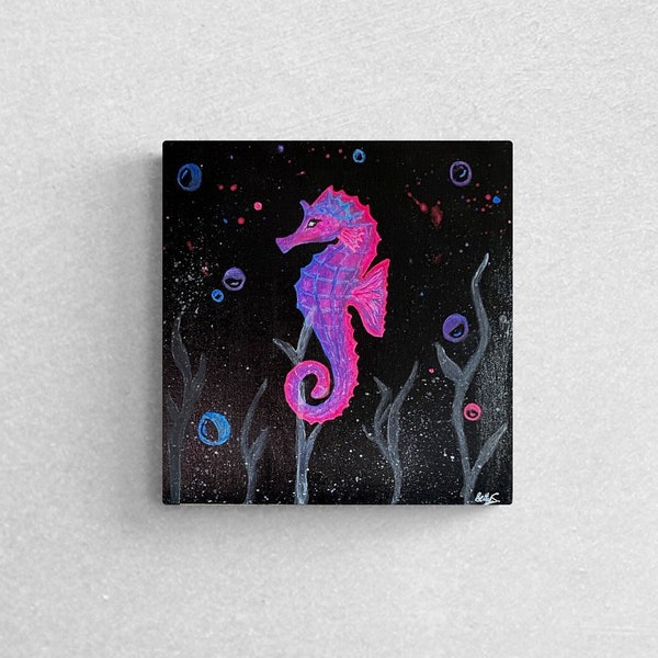 Peinture 25X25cm Hippocampe fluo