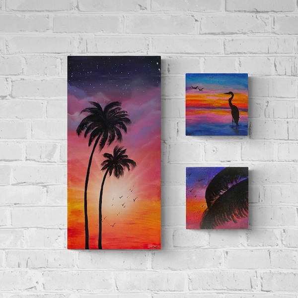 Peinture sur toile triptyque palmiers coucher de soleil