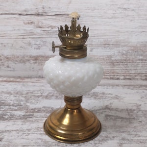 Hobnail Milk Glass Oil Lamp with Gold Base - 1940s Vintage Lantern (Missing Shade)