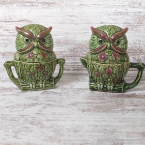 Vintage Green Owl Ceramic Salt, Pepper, Creamer & Sugar Set