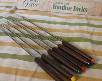 MCM Fondue Forks Set: Wood Handles, Colored Tips, Set of 8