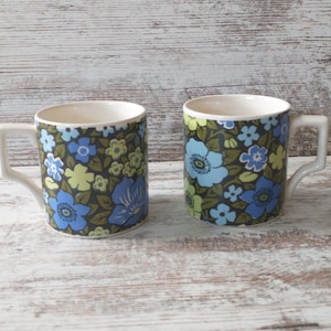 Norleans Japan Floral Design Blue/Aqua/Green Mugs  | Vtg Floral 1970s Mugs | Boho Groovy Flower Mugs | Boho Gift Mugs w/ Daisy Flower Motif