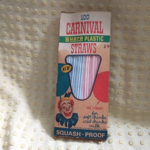 May include: Vintage box of "Carnival Supra Plastic Straws" with a clown illustration. The box contains 100 straws in pink, blue, and white. The box is tan with red and blue accents and the text "SQUASH-PROOF".