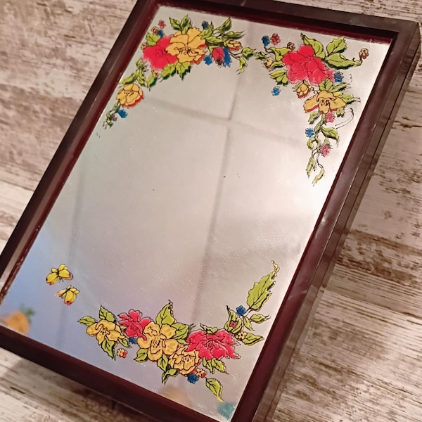 1970s Floral Butterfly Mirror Music Box | Groovy Tabletop Decor
