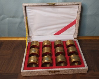 60s Brass Napkin Ring Set in Original Box | Brass Napkin Ring Set of 12 w/ Original Hinged, Velvet-Lined Box | Set of 12 Brass Napkin Rings
