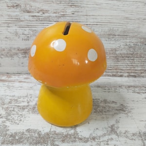 Vintage Mushroom Piggy Bank | Vintage Orange and Yellow Mushroom Bank | Bright 1970s Piggy Bank | Vintage 70s Piggy Bank | Retro Piggy Bank