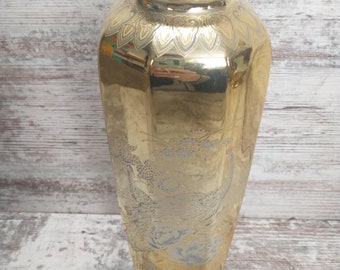 Vintage Japan Gold Porcelain Vase: Etched Peacock Floral Decor