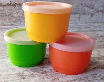Orange, Yellow, Lime Green Tupperware Condiment Containers with Lids - Set of 3