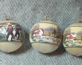 Vintage Currier & Ives Christmas Ornaments: Silky Glass Set of 6