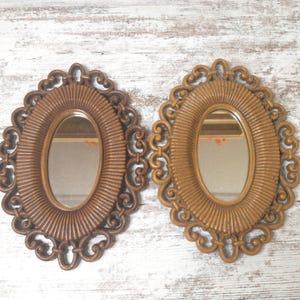 May include: Two oval-shaped mirrors with ornate brown frames. The frames have a woven texture and intricate details. The mirrors are reflecting the surrounding environment.