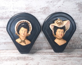 Vintage Chalkware Victorian Lady Wall Hangings - Set of 2