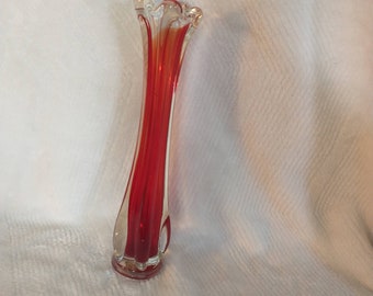 1960s Swung Glass Vase in Bright Red-Orange | Vintage Swung Glass Vase | Mid Century Swung Glass Vase | Red-Orange 9" Swung Glass Vase*