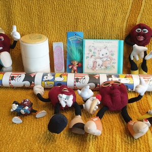 90s Kids Ephemera California Raisin Toys Flocked California Raisin Lot of 6 90s Trolls Pin Mickey Mouse Contact Paper 90s Lover Gift