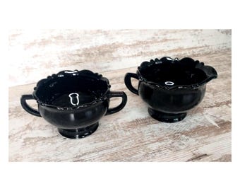 Black Amethyst Glass Creamer & Sugar Set by L.E. Smith - Goth Kitchen Decor