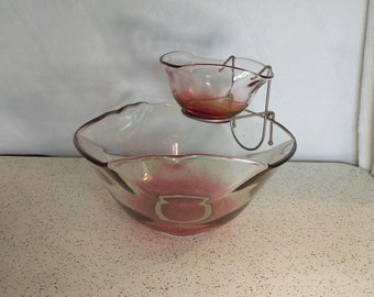 Cranberry Folded Glass Chip & Dip Set | Red Folded Glass Chip Bowl | Vintage Folded Glass Bowl | Vtg Chip and Dip Bowl w/ Bracket