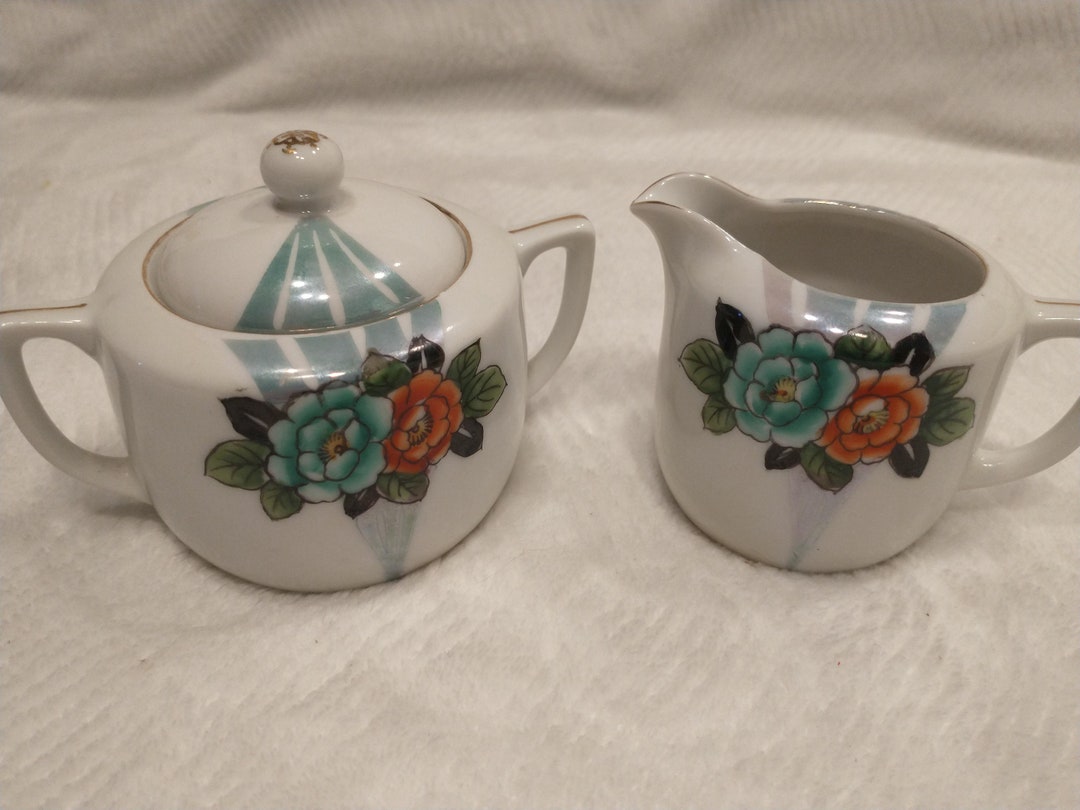Japan Creamer and Sugar Set Vtg Nippon Rose/aqua Flowers Cream and