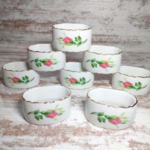 Vintage Ceramic Napkin Rings: Pink Rose Floral, Made in Japan, Set of 8