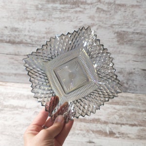 Carnival Glass Plate w/ Ruffled-Edge | Grey/Silver Carnival Glass Plate | Indiana Glass Starburst Dish | Indiana Glass Sawtooth Candy Dish