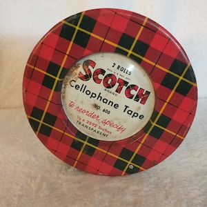 Scotch Tape Tin | Scotch Tape Brand Plaid Container | Scotch Cellophane Tape Container  - Perfect Addition to Christmas Display!