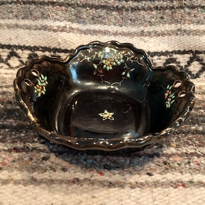 Handpainted Japan Redware Moriage Black Glazed Pottery Dish | Black Japan Dish w/ Dot Flowers and Holes for Ribbon Hanging Trinket Dish RARE