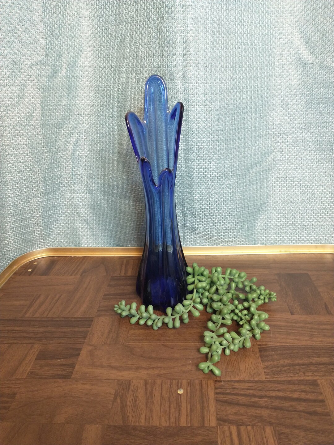Beautiful Blue Five Finger Swung Glass Vase Vntg Swung Glass Vase Vtg