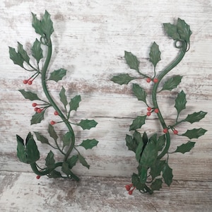 60-70s Metal Holly Berry Taper Candle Holders | Vtg Metal Taper Candle Holders in Christmas Green w/ Holly Berries | Vintage Holly Wall Art