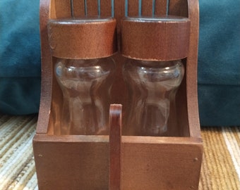 Wooden Salt and Pepper Shakers | Vintage Wooden Pepper and Salt Shaker | Square Japan Salt and Pepper Shakers With Stand**