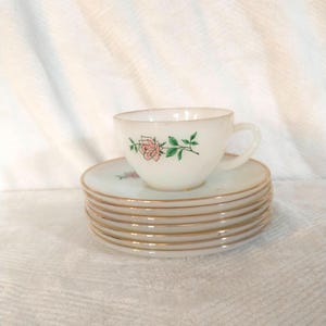 7 Fire King Saucers with One Matching Tea Cup | Gold Rimmed Fire King Saucer Set with Pink Flowers | Vintage Fire King Saucer Set