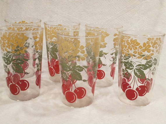 Vintage Cherries Bar Glasses Set of 6 Vintage Bar Glasses From the