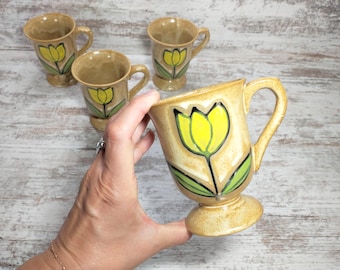 Vintage Japanese Floral Pedestal Mugs - 1970s Set of 4