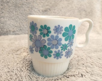 Groovy Floral Design Blue/Aqua/Purple Mug  | Vintage Floral 1970s Mug | Boho Groovy Flower Mug | Boho Gift Hippie Mug w/ Daisy Flower Motif