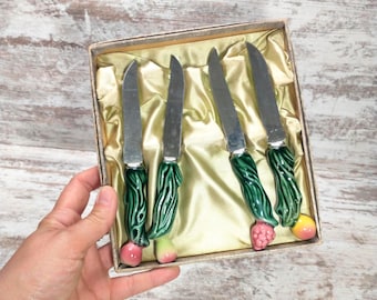Vintage Japan Stainless Steel Fruit Knife Set: Ceramic Handles, Original Box