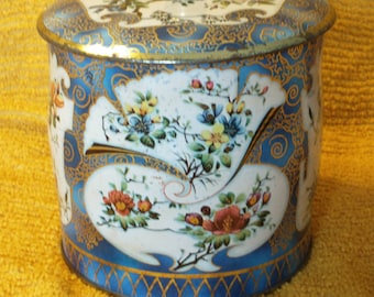 Gold and Blue Floral Vintage Storage Tin w/ Knobbed Lid  | Vintage Sewing Storage Tin | Vintage Embossed English Tin Storage Box