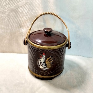 Vintage Enesco Pottery Rooster Cookie Jar with Woven Handle