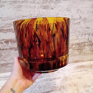 May include: A cylindrical glass planter featuring a translucent amber and brown tortoiseshell pattern with dark streaks. The vessel has a smooth, polished finish and a distinct horizontal ridge near the base, creating a two-tiered appearance.