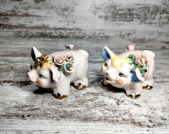 Vintage Floral Pig Salt and Pepper Shakers: Ceramic Made in Japan
