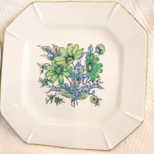 Octagon Shaped Floral Saucer Set of 4 | Vintage Japan Saucer Set of 4 w/ Pretty Green, Pink and Blue Floral Motif Marked Japan on Back