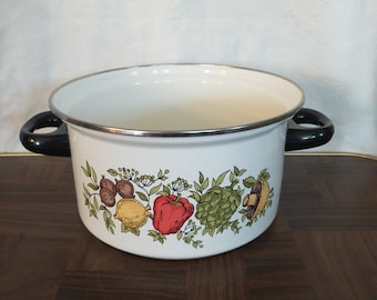 Spice of Life Vintage Enamelware Saucepan W/ Brown Trim From