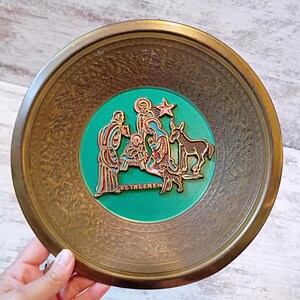 Mid Century Brass Bethlehem Nativity Offering Plate with Aqua Background