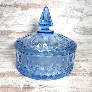 Blue Glass Candy Dish | Vntg Indiana Glass Trinket Dish | Vintage Pale Blue Glass Candy Dish | Vintage Blue Glass Trinket Dish W/ Lid