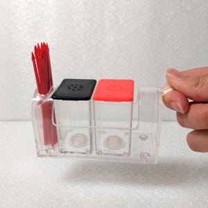 1950s Red & Black Acrylic Salt and Pepper Shakers with Toothpick Holder