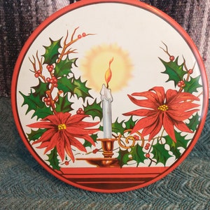 Button Tin w/ Christmas Candle Motif | Vtge Sewing Storage Tin | Vintage Christmas Tin Button Box | Vintage Christmas Tin Storage Box ROUND