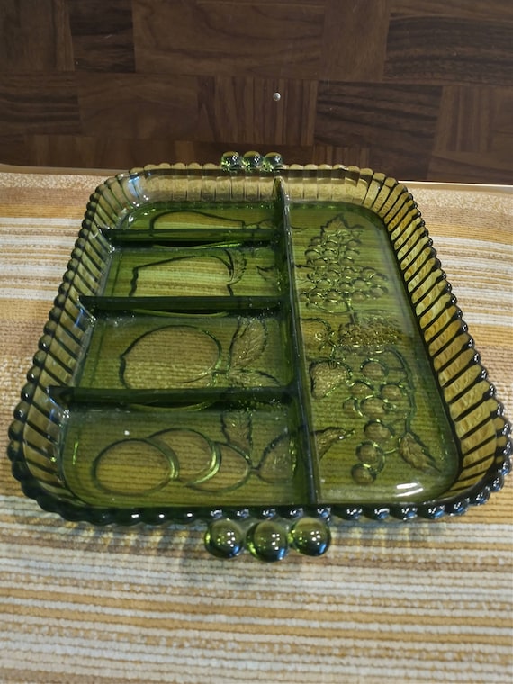 Green Glass Relish Tray: Vintage Divided Appetizer Serving Dish - Etsy