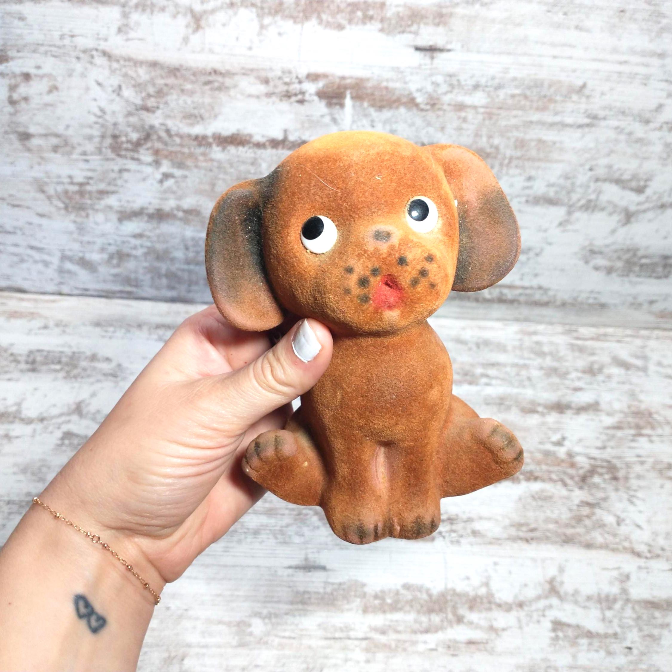 Flocked Brown Dog Vintage Piggy Bank | Vintage Fuzzy Dog Bank  | Vtg Coin Bank | Fuzzy Plastic Dog Bank | Brown Furry Dog Coin Bank AS IS