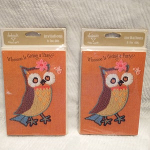 Vintage 70s Owl Party Invitations: Embroidered Style, Set of 8