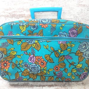 Aqua Vintage Suitcase | Old Vintage Luggage | Vintage Flower Suitcase  | 1960-1970s | Old Vintage Floral Suitcase with Aqua, Orange, Purple