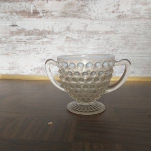 Fenton Hobnail Sugar Bowl 2 Handled Dish : Moonstone Clear Opalescent | Pedestal Fenton Art Glass Sugar Dish | Opalescent Hobnail Glass Dish