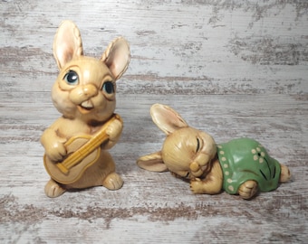 Vintage Ceramic Easter Bunny Figurines: 1960s Sleepy & Guitar Pair