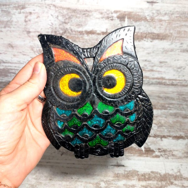 Vintage Owl Cast Iron Trivet: Stained Glass Style Kitchen Decor