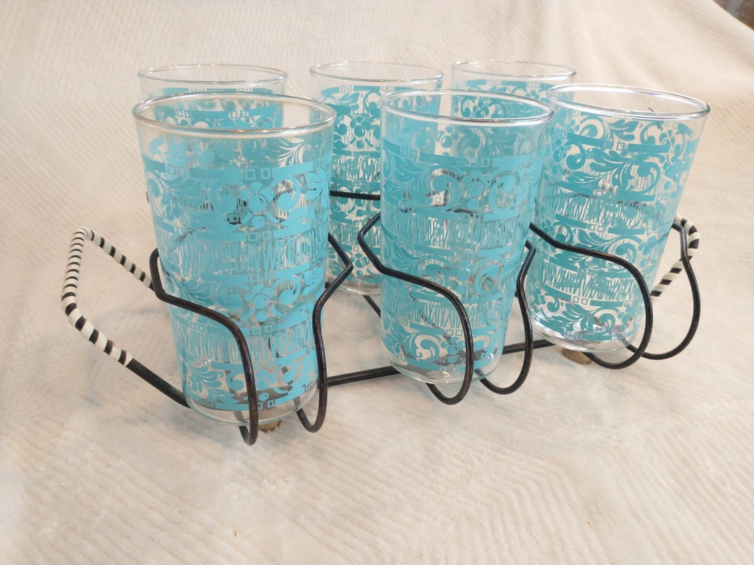 Drink Caddy With 6 Aqua Glasses Vtg Glasses With Carrier Vtg Barware
